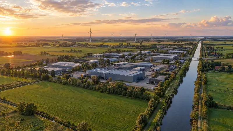Luftbild einer flachen Landschaft mit Gewerbegebiet, Kanal und Windrädern in Nordwestdeutschland
